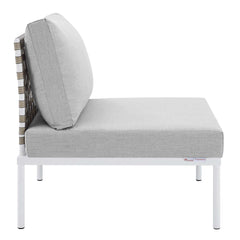Harmony Tan/Gray Sunbrella Basket Weave Outdoor Patio Aluminum Armless Chair - Ornate Home