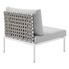 Harmony Tan/Gray Sunbrella Basket Weave Outdoor Patio Aluminum Armless Chair - Ornate Home