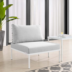 Harmony Taupe/Gray Sunbrella Basket Weave Outdoor Patio Aluminum Armless Chair - Ornate Home