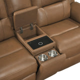 Haven Brown Power Double Reclining Loveseat With Center Console Hidden Arms Cup Holders Charging Ports And Wireless Charger - Ornate Home