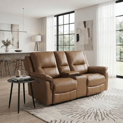 Haven Brown Power Double Reclining Loveseat With Center Console Hidden Arms Cup Holders Charging Ports And Wireless Charger - Ornate Home