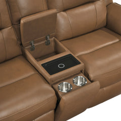 Haven Brown Power Double Reclining Loveseat With Center Console Hidden Arms Cup Holders Charging Ports And Wireless Charger - Ornate Home