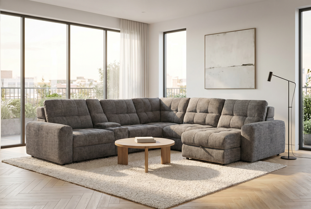 Haven Gunmetal 7-Piece Sleeper Sectional with Sliding Seats and Storage - Ornate Home