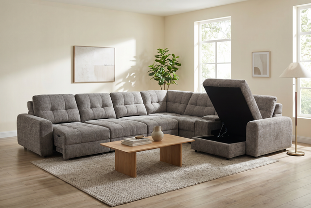 Haven Gunmetal 7-Piece Sleeper Sectional with Sliding Seats and Storage - Ornate Home