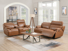 Heber Saddle Fabric Dual Power Reclining Loveseat with Console - Ornate Home