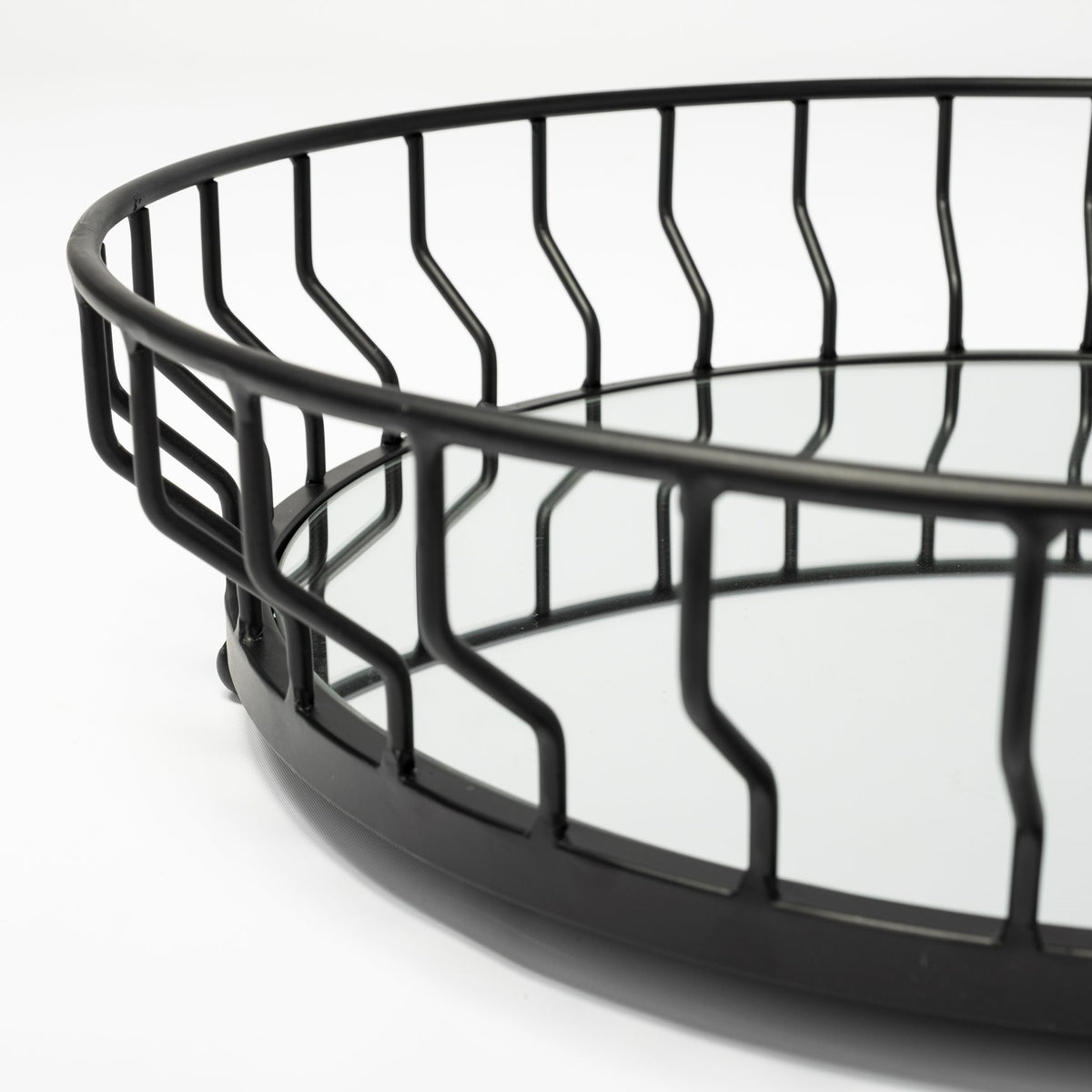 Helena Black Metal Mirrored Bottom Round Serving Tray - Ornate Home