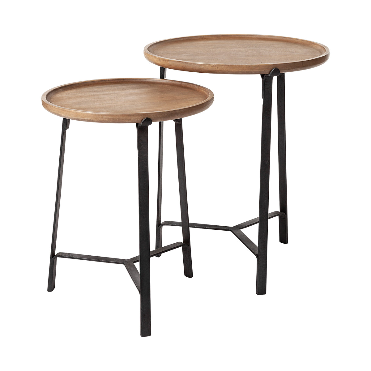 Helios Brown Round Solid Wood Iron Base Nesting End/Side Tables (Set of 2) - Ornate Home