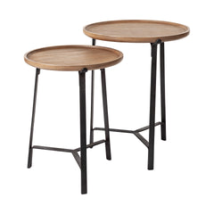 Helios Brown Round Solid Wood Iron Base Nesting End/Side Tables (Set of 2) - Ornate Home