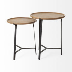 Helios Brown Round Solid Wood Iron Base Nesting End/Side Tables (Set of 2) - Ornate Home