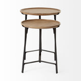 Helios Brown Round Solid Wood Iron Base Nesting End/Side Tables (Set of 2) - Ornate Home