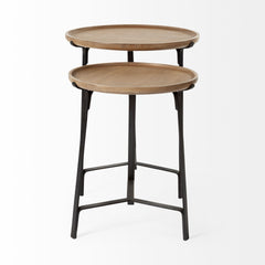 Helios Brown Round Solid Wood Iron Base Nesting End/Side Tables (Set of 2) - Ornate Home