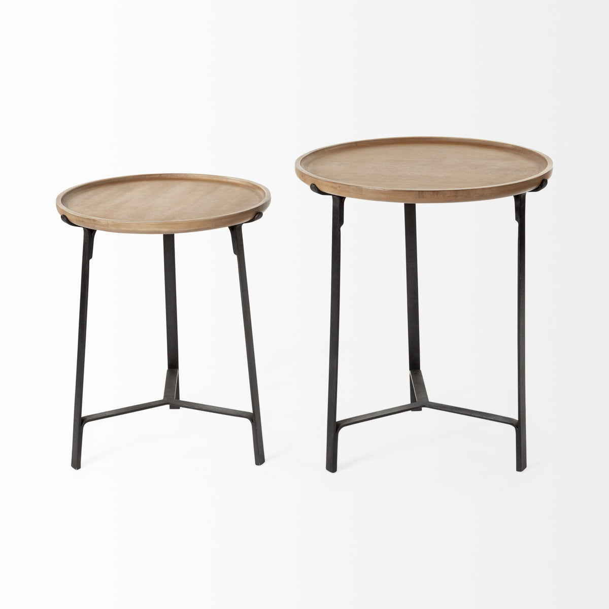 Helios Brown Round Solid Wood Iron Base Nesting End/Side Tables (Set of 2) - Ornate Home