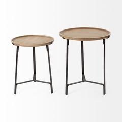 Helios Brown Round Solid Wood Iron Base Nesting End/Side Tables (Set of 2) - Ornate Home