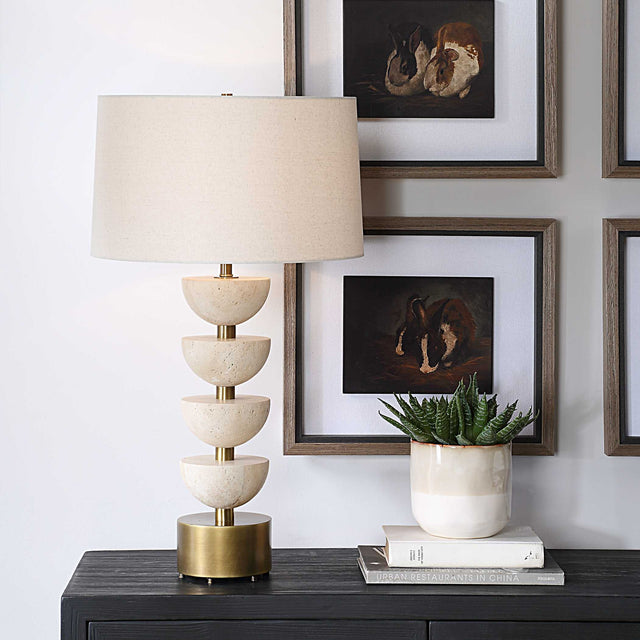 Hemisphere Brass/Brown/White Travertine Table Lamp - Ornate Home
