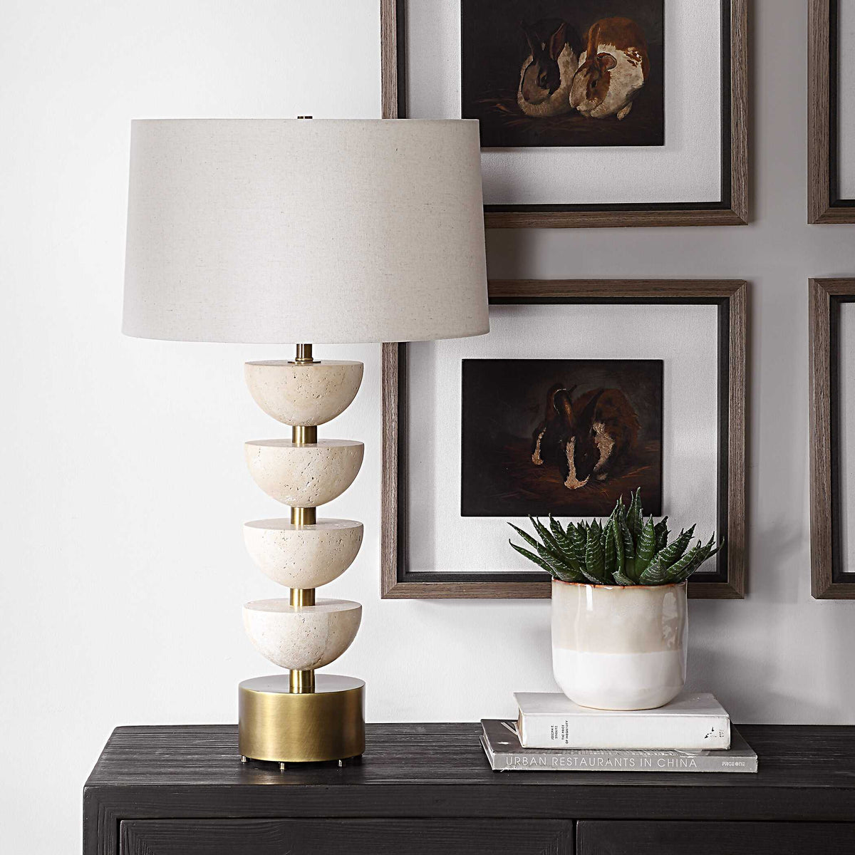 Hemisphere Brass/Brown/White Travertine Table Lamp - Ornate Home