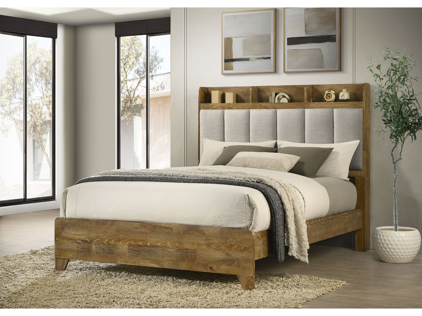 Henderson Medium Oak 57-inch Eastern King Bookcase Panel Bed - Ornate Home