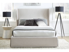 Hera Eastern King Skirted Footboard Storage Panel Bed in Oatmeal - Ornate Home
