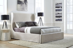 Hera Eastern King Skirted Footboard Storage Panel Bed in Oatmeal - Ornate Home