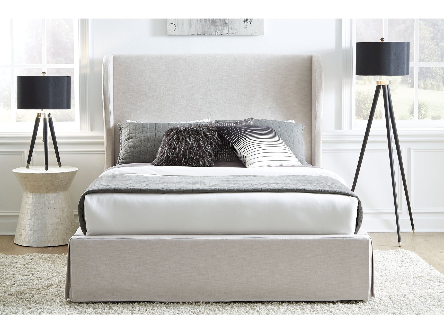 Hera Queen Skirted Footboard Storage Panel Bed in Oatmeal - Ornate Home