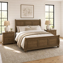 Heritage Oak Brown 3-Piece Queen Sleigh Bedroom Set with 2 Nightstands - Ornate Home
