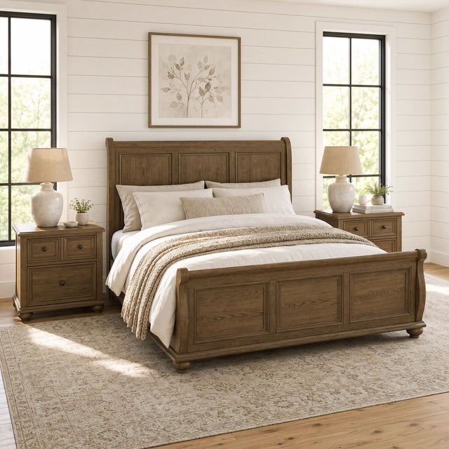Heritage Oak Brown 3-Piece Queen Sleigh Bedroom Set with 2 Nightstands - Ornate Home