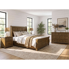 Heritage Oak Brown 4-Piece Queen Sleigh Bedroom Set with 2 Nightstands & Dresser - Ornate Home