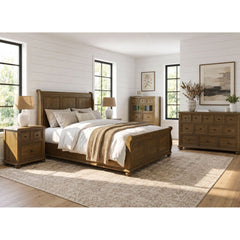 Heritage Oak Brown 5-Piece Queen Sleigh Bedroom Set with 2 Nightstands, Dresser & Chest - Ornate Home