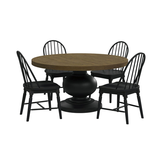 Heritage Oak Brown/Black 5-Piece Standard Height Dining Set with Round Table & Four Black Chairs - Ornate Home