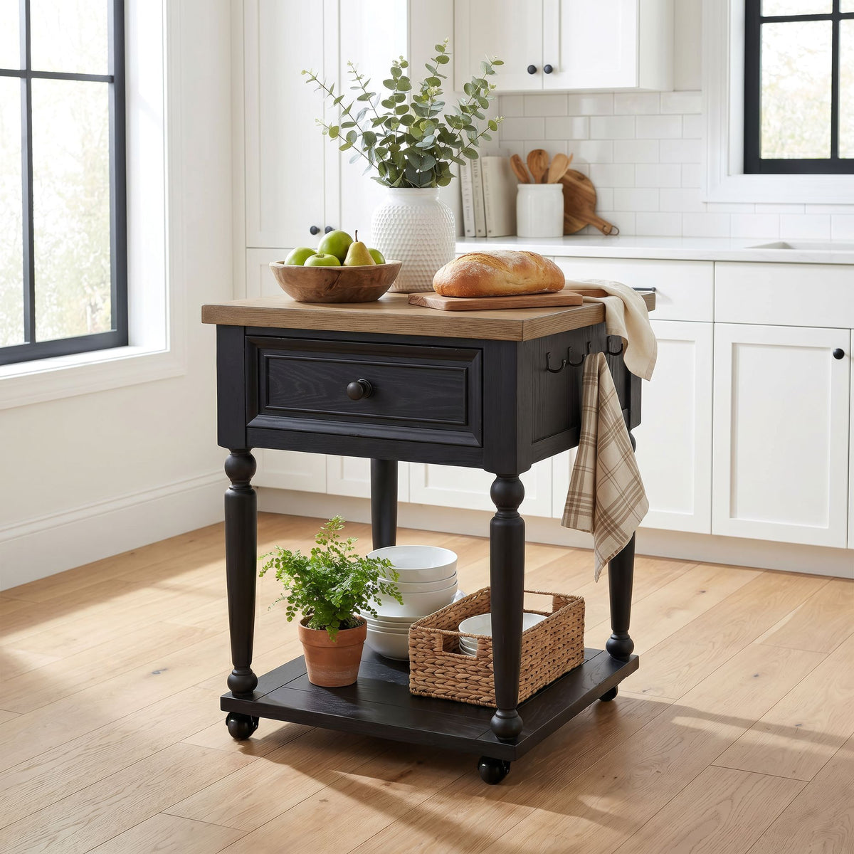 Heritage Oak Brown/Black Chopping Block Island with Casters - Ornate Home