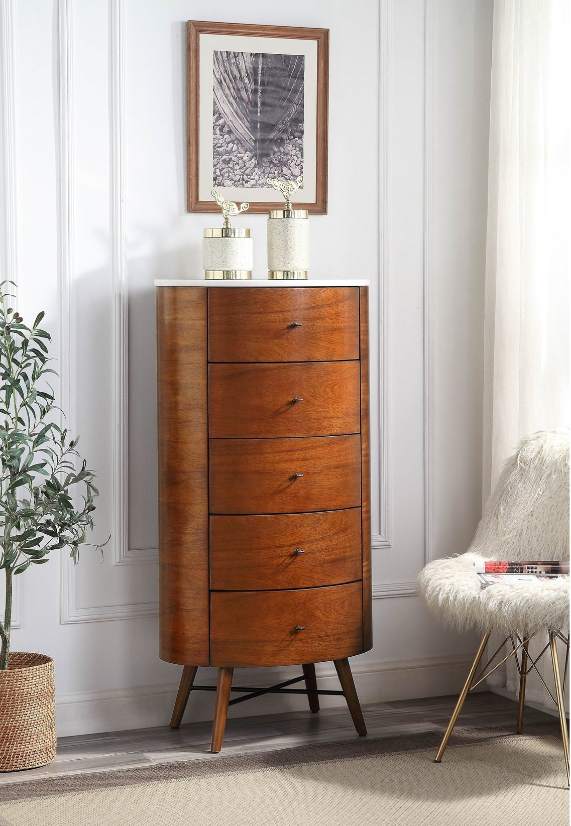 Hermes Walnut 5 Drawer Chest - Ornate Home