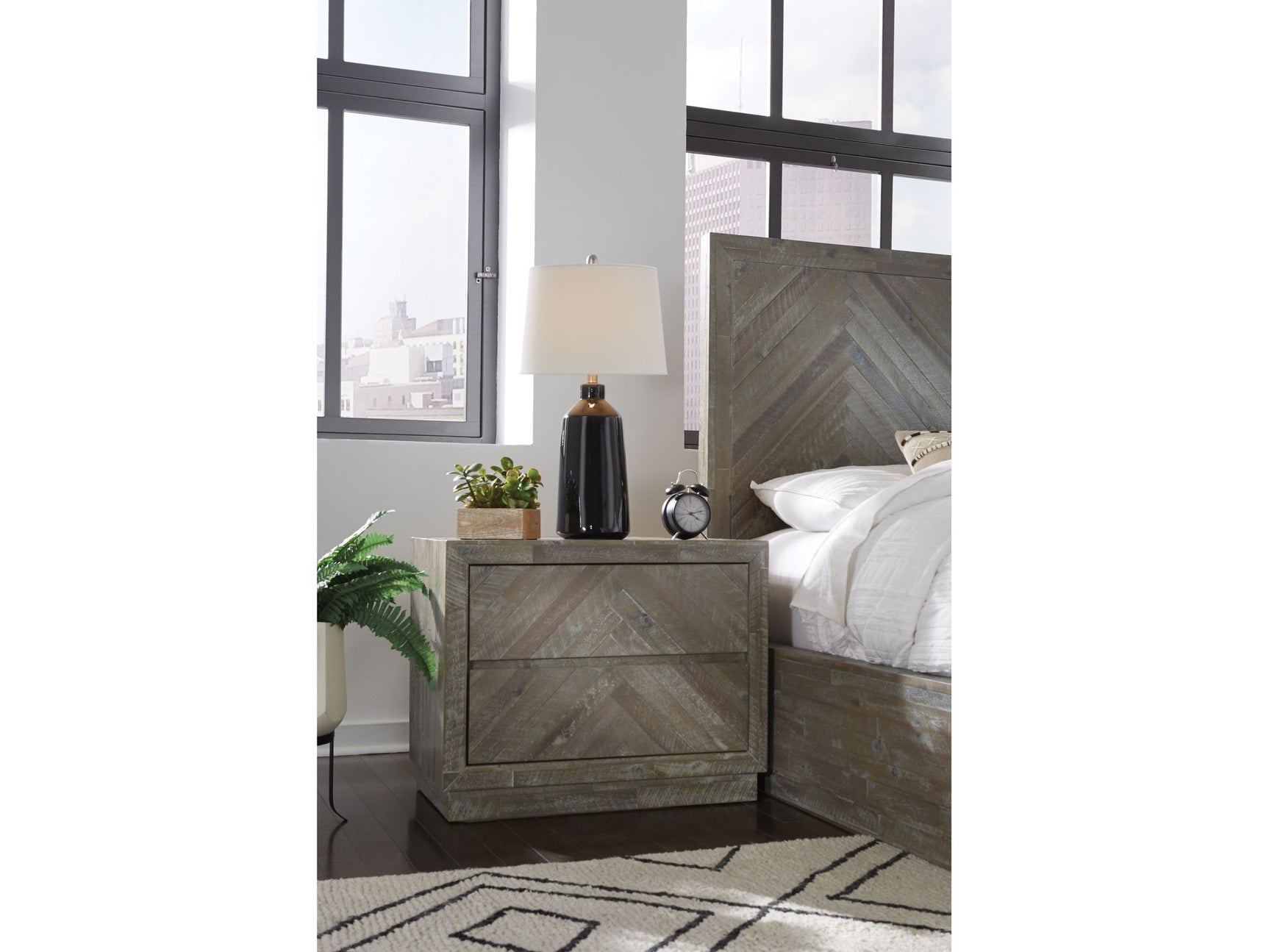 Herringbone Solid Wood Two Drawer Nightstand in Rustic Latte - Ornate Home