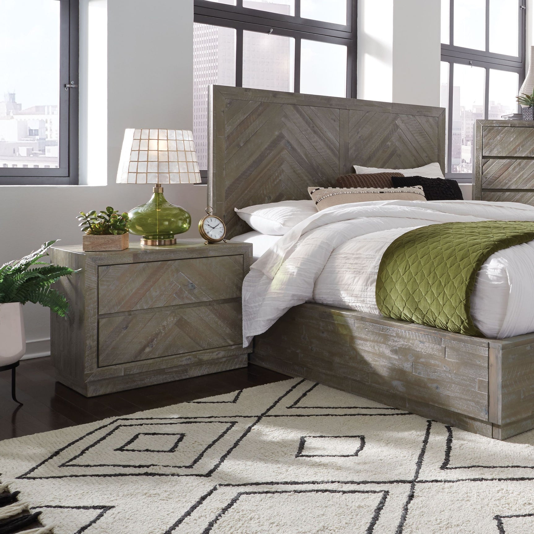 Herringbone Solid Wood Two Drawer Nightstand in Rustic Latte - Ornate Home