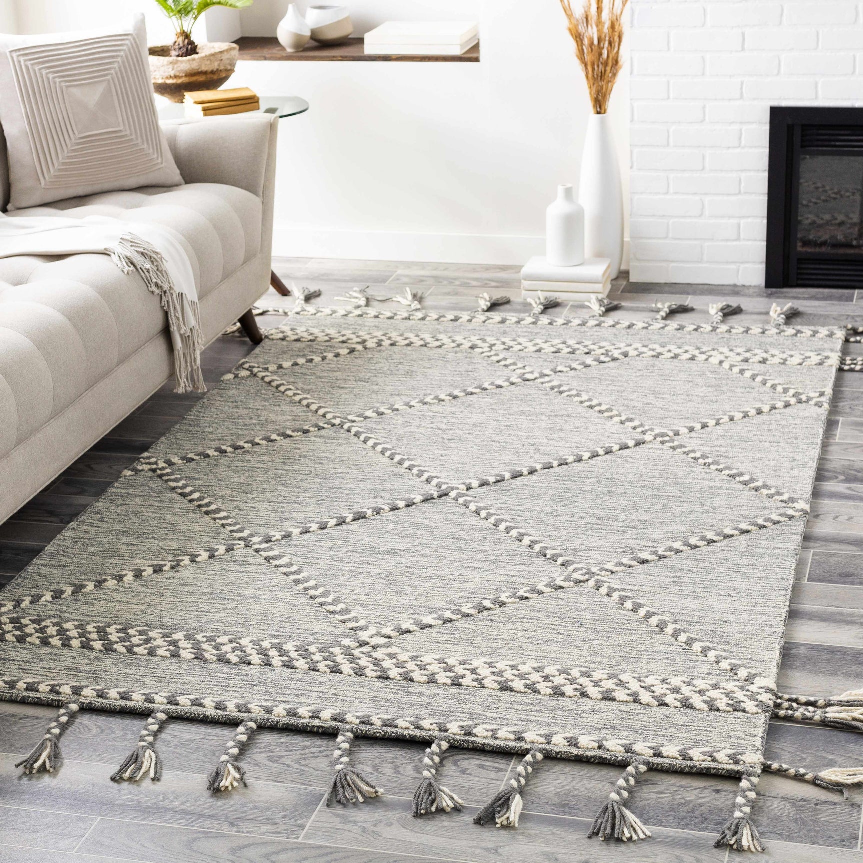 Hertfordshire Gray Trellis Tassel Wool Rug - Clearance - Ornate Home