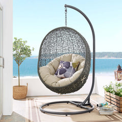 Hide Gray/Beige Outdoor Patio Sunbrella Swing Chair With Stand - Ornate Home