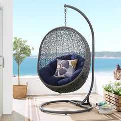 Hide Gray/Navy Outdoor Patio Sunbrella Swing Chair With Stand - Ornate Home