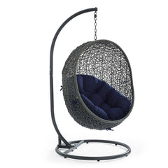 Hide Gray/Navy Outdoor Patio Sunbrella Swing Chair With Stand - Ornate Home