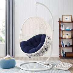 Hide White/Navy Outdoor Patio Sunbrella Swing Chair With Stand - Ornate Home