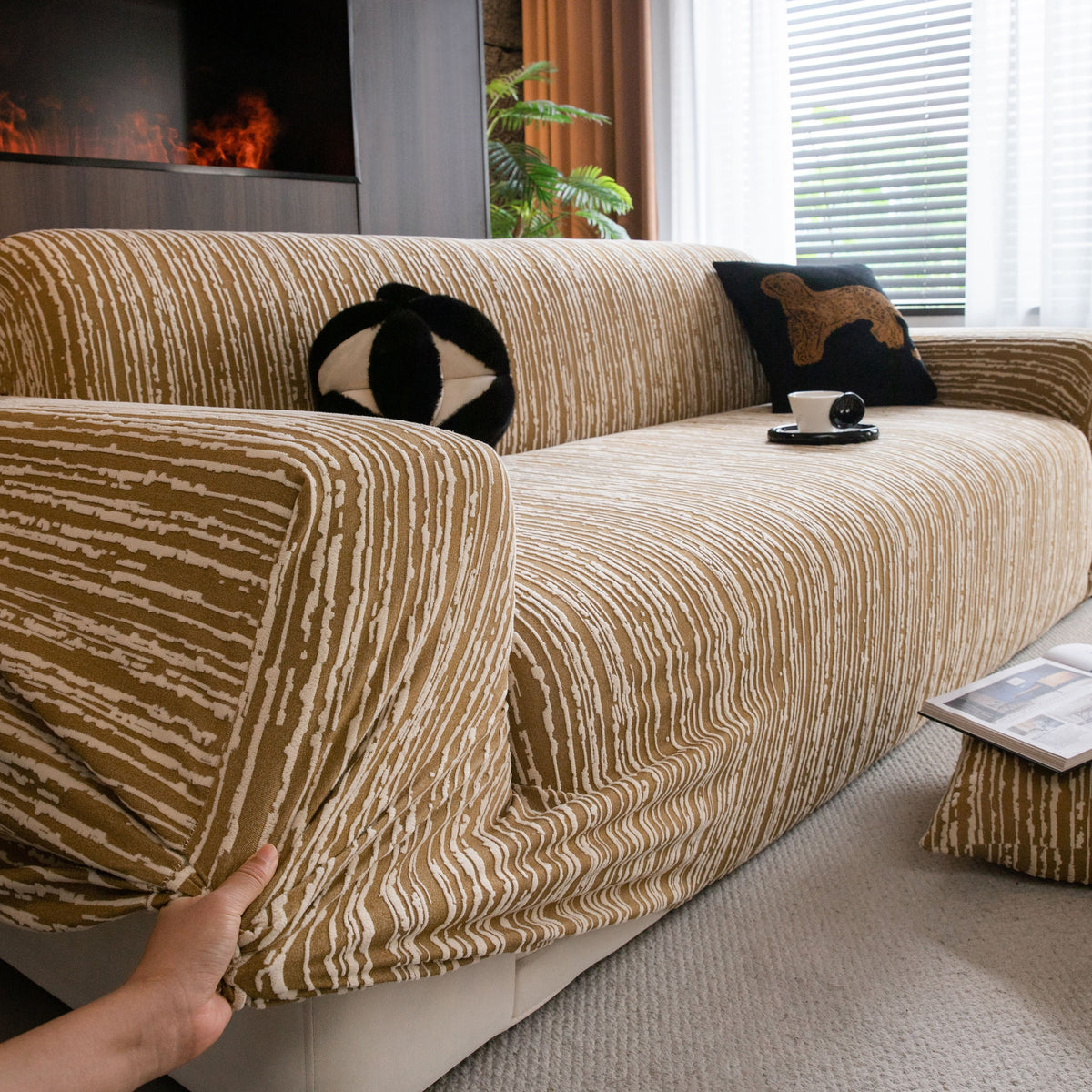 High Stretch Couch Slipcover with Abstract Stripe, Washable Non-Slip Cover for Dogs - Ornate Home