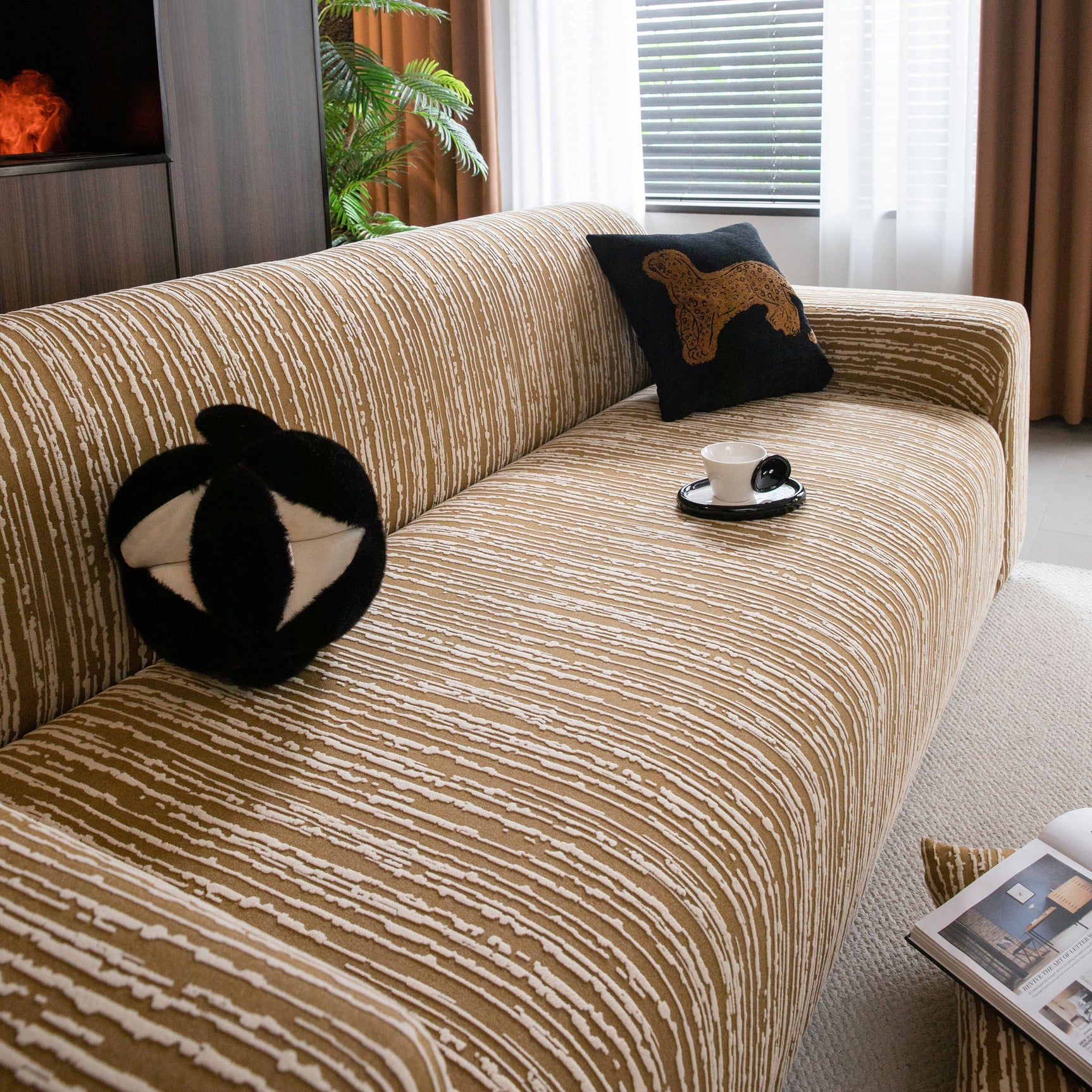 High Stretch Couch Slipcover with Abstract Stripe, Washable Non-Slip Cover for Dogs - Ornate Home