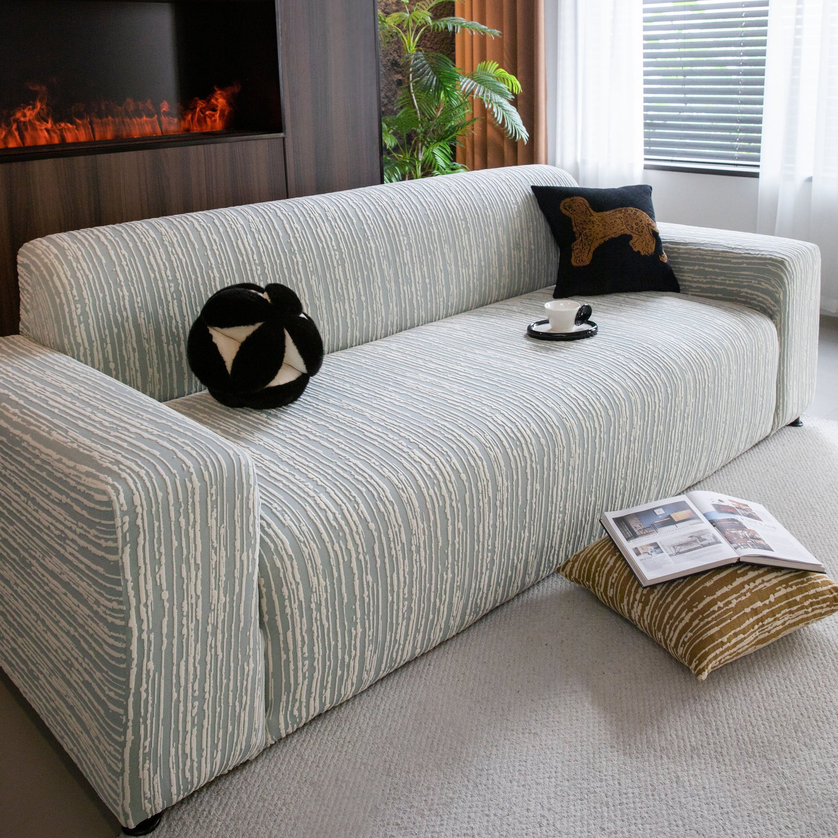 High Stretch Couch Slipcover with Abstract Stripe, Washable Non-Slip Cover for Dogs - Ornate Home