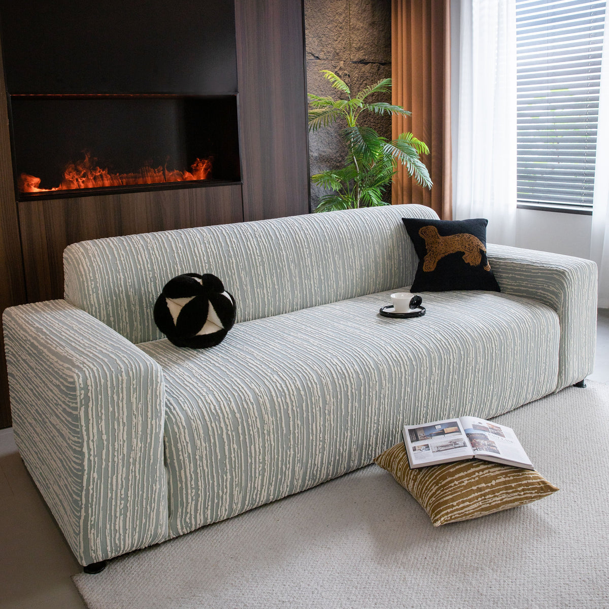 High Stretch Couch Slipcover with Abstract Stripe, Washable Non-Slip Cover for Dogs - Ornate Home