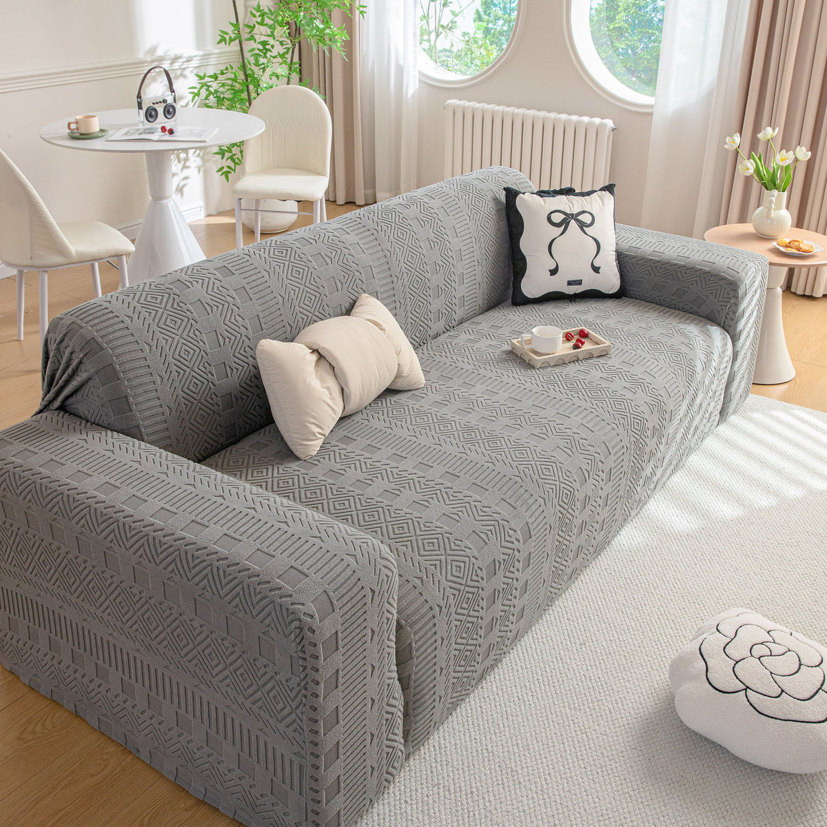 High Stretch Embossed Geometric Slipcover for Couch, Cozy Plush Fleece Couch Cover - Ornate Home