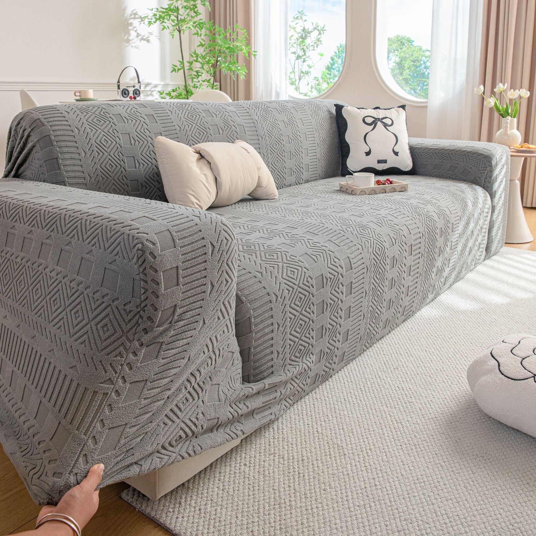 High Stretch Embossed Geometric Slipcover for Couch, Cozy Plush Fleece Couch Cover - Ornate Home