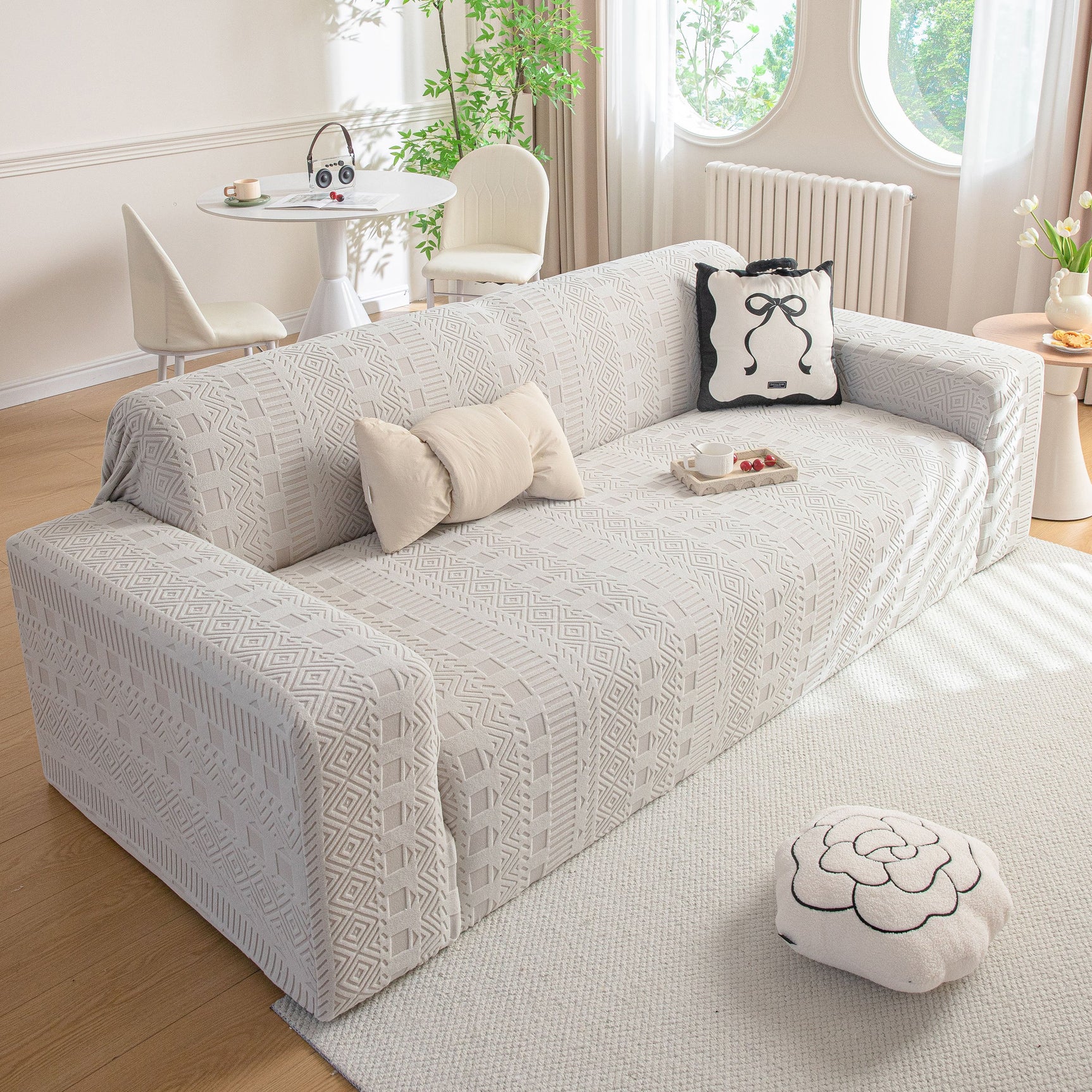 High Stretch Embossed Geometric Slipcover for Couch, Cozy Plush Fleece Couch Cover - Ornate Home