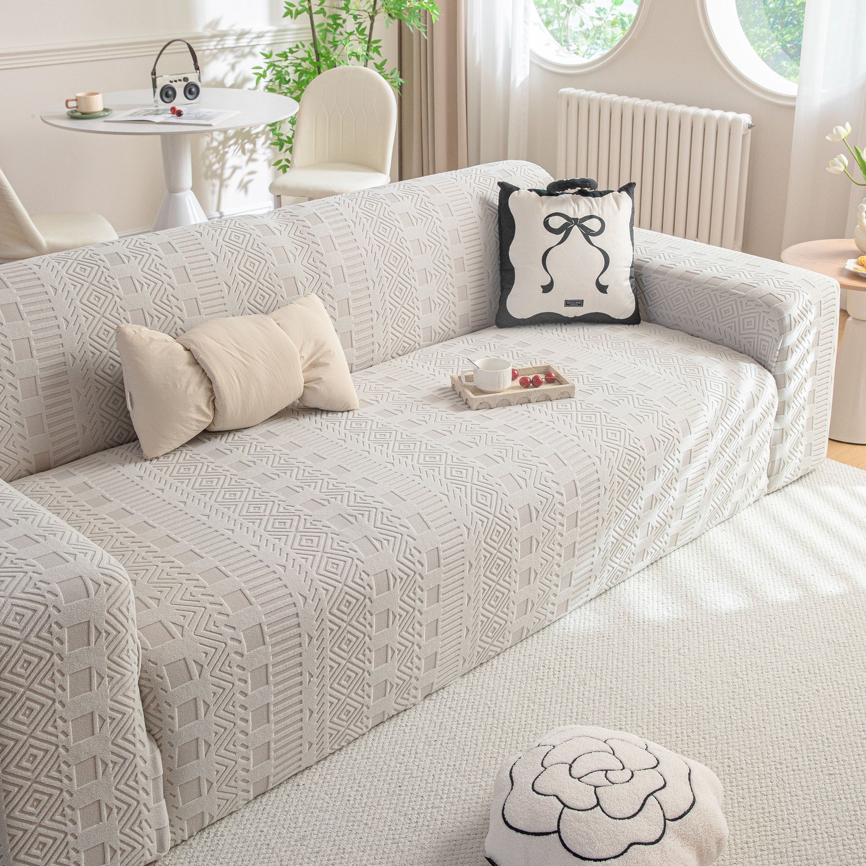 High Stretch Embossed Geometric Slipcover for Couch, Cozy Plush Fleece Couch Cover - Ornate Home