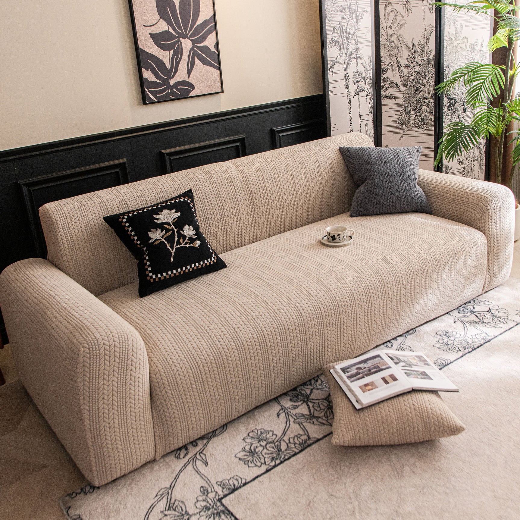 High Stretch Wheat Ear Embossed Textured Couch Slipcover, Water Repellent Sofa Cover - Ornate Home