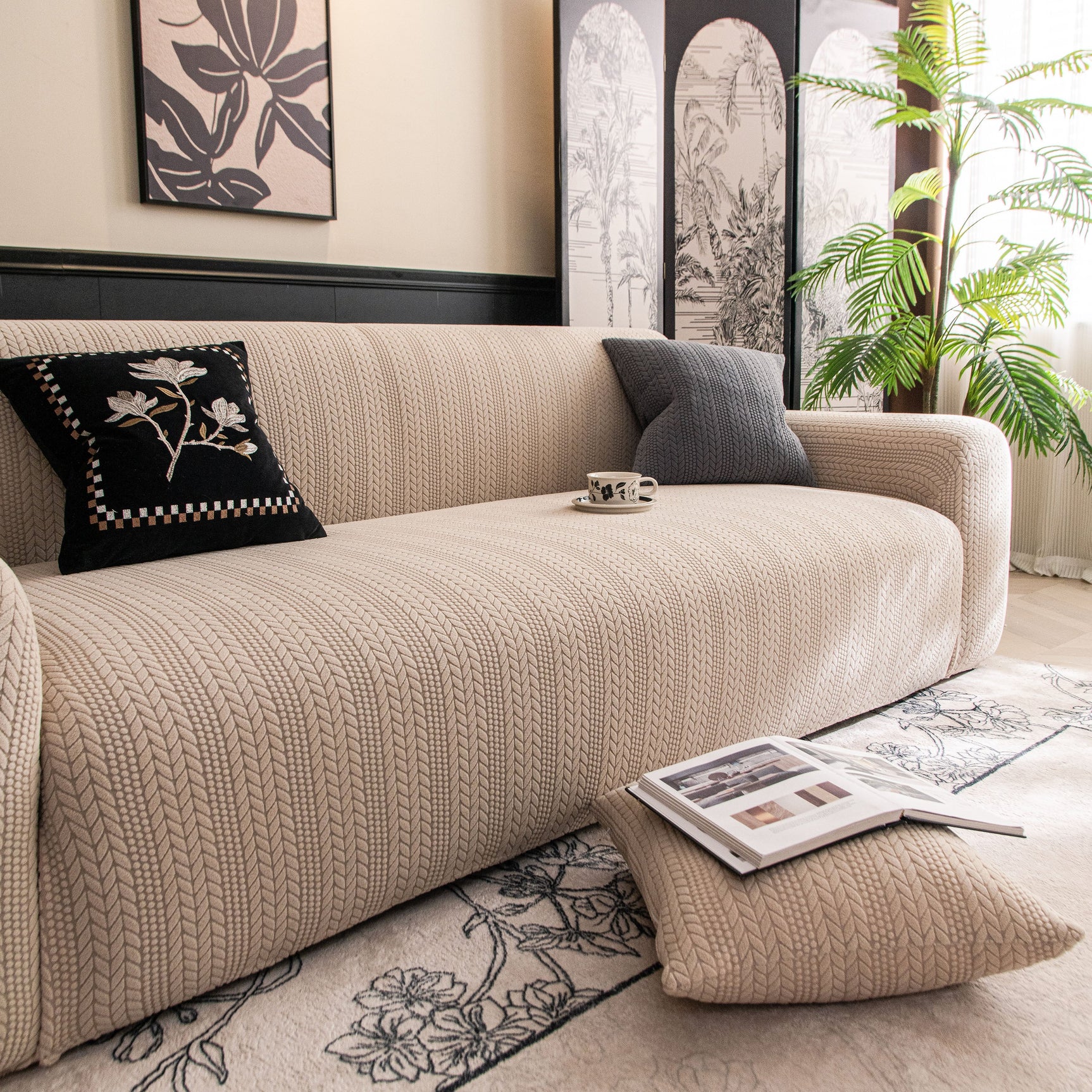 High Stretch Wheat Ear Embossed Textured Couch Slipcover, Water Repellent Sofa Cover - Ornate Home