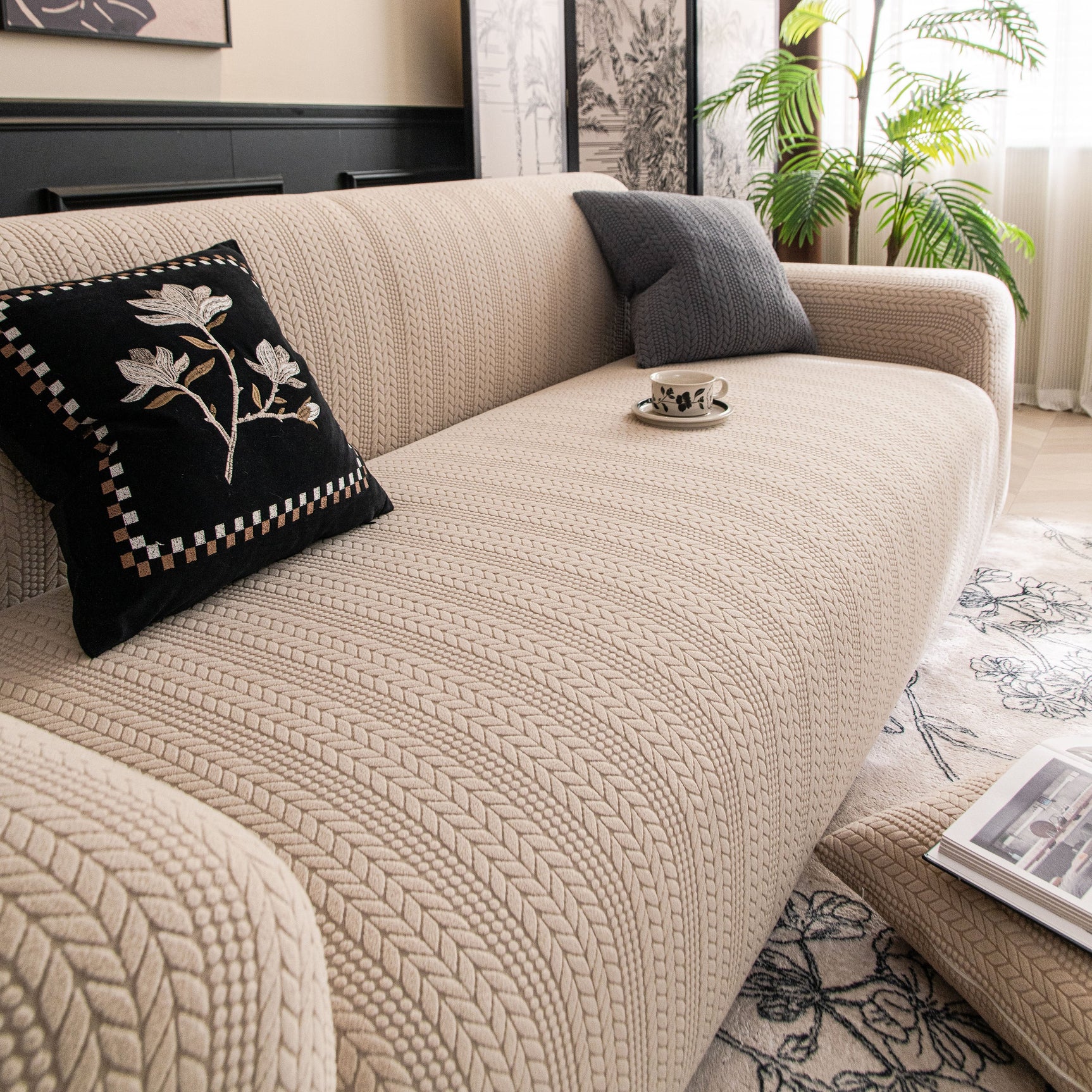 High Stretch Wheat Ear Embossed Textured Couch Slipcover, Water Repellent Sofa Cover - Ornate Home