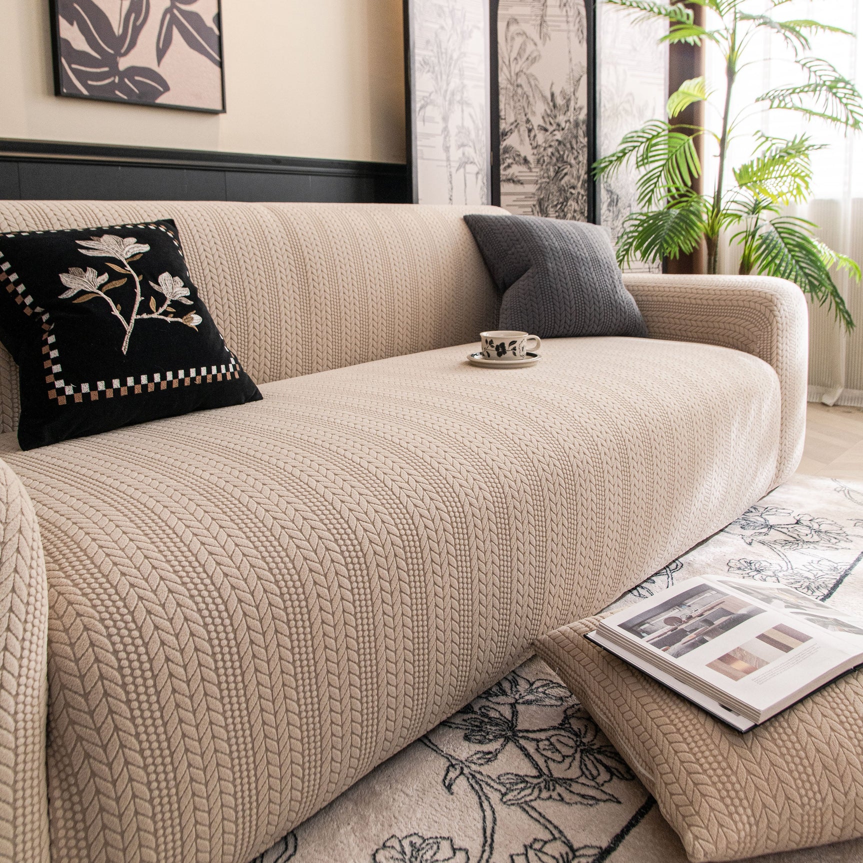 High Stretch Wheat Ear Embossed Textured Couch Slipcover, Water Repellent Sofa Cover - Ornate Home