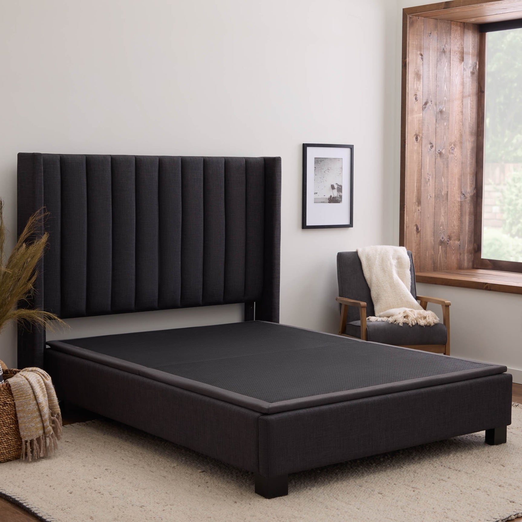 Highrise™ Charcoal Queen Thin Deck Upholstered Platform Bed Frame - Ornate Home